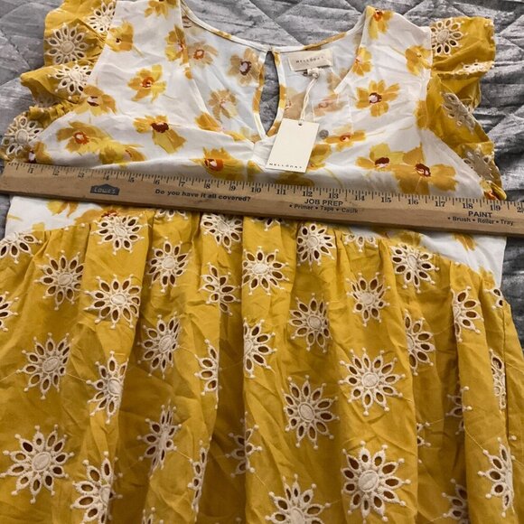 Melloday Floral Yellow & White Tiered Dress Square Neck & Ruffled Boho flowy L - Picture 13 of 13